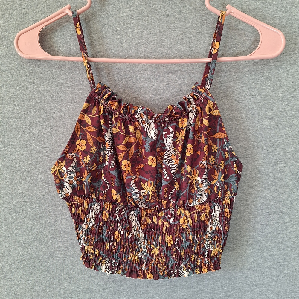 Urban Outfitters Margot Smocked Cropped Camisole Top Burgundy Floral Tiger Print